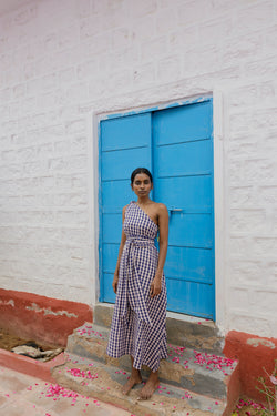 Cotton gingham one-shoulder Anju dress with waist tie, handmade in India. | navy gingham