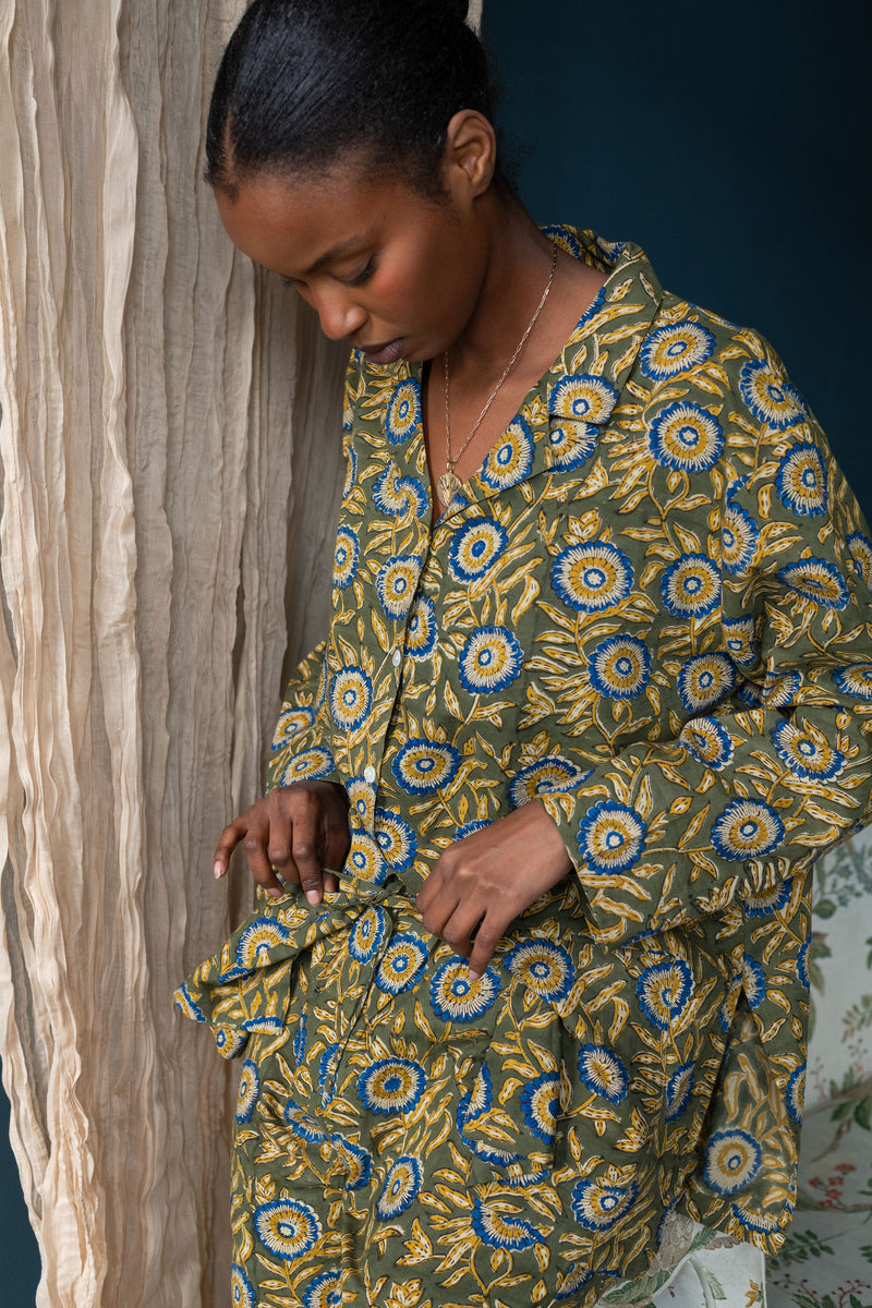  Block Printed Muslin Oversized Pajama Set | Olive Bloom