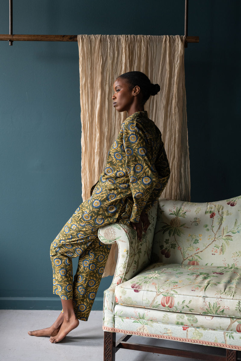  Block Printed Muslin Oversized Pajama Set | Olive Bloom