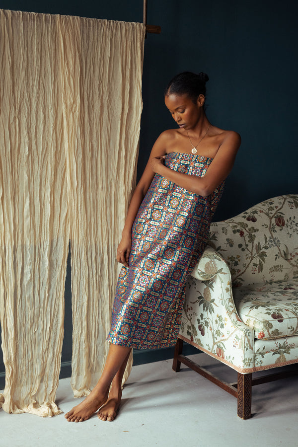 Brocade Midi Dress | Navy