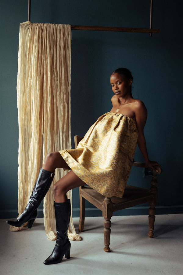 Brocade Mini Dress | Mustard Floral