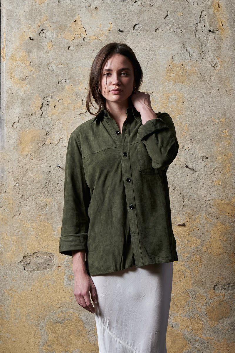 Lightweight Manoj Unisex Suede Shirt Jacket, handmade in India. | Olive