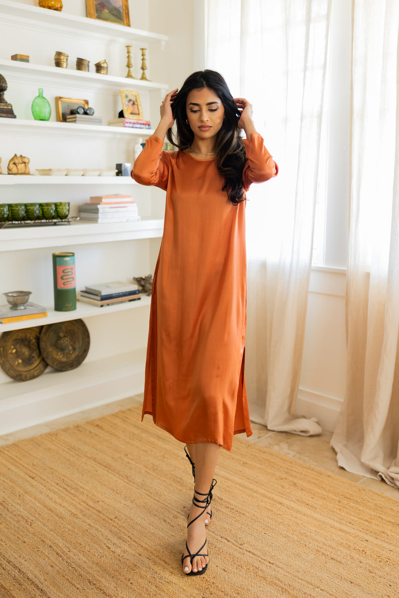 Aisha cotton sateen midi dress with optional tie belt, handmade in India.