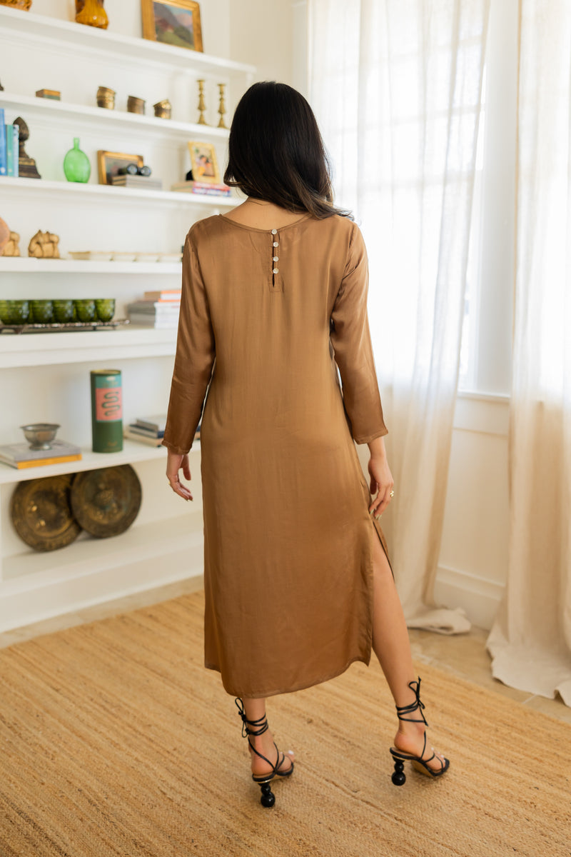 Aisha cotton sateen midi dress with optional tie belt, handmade in India. | pecan