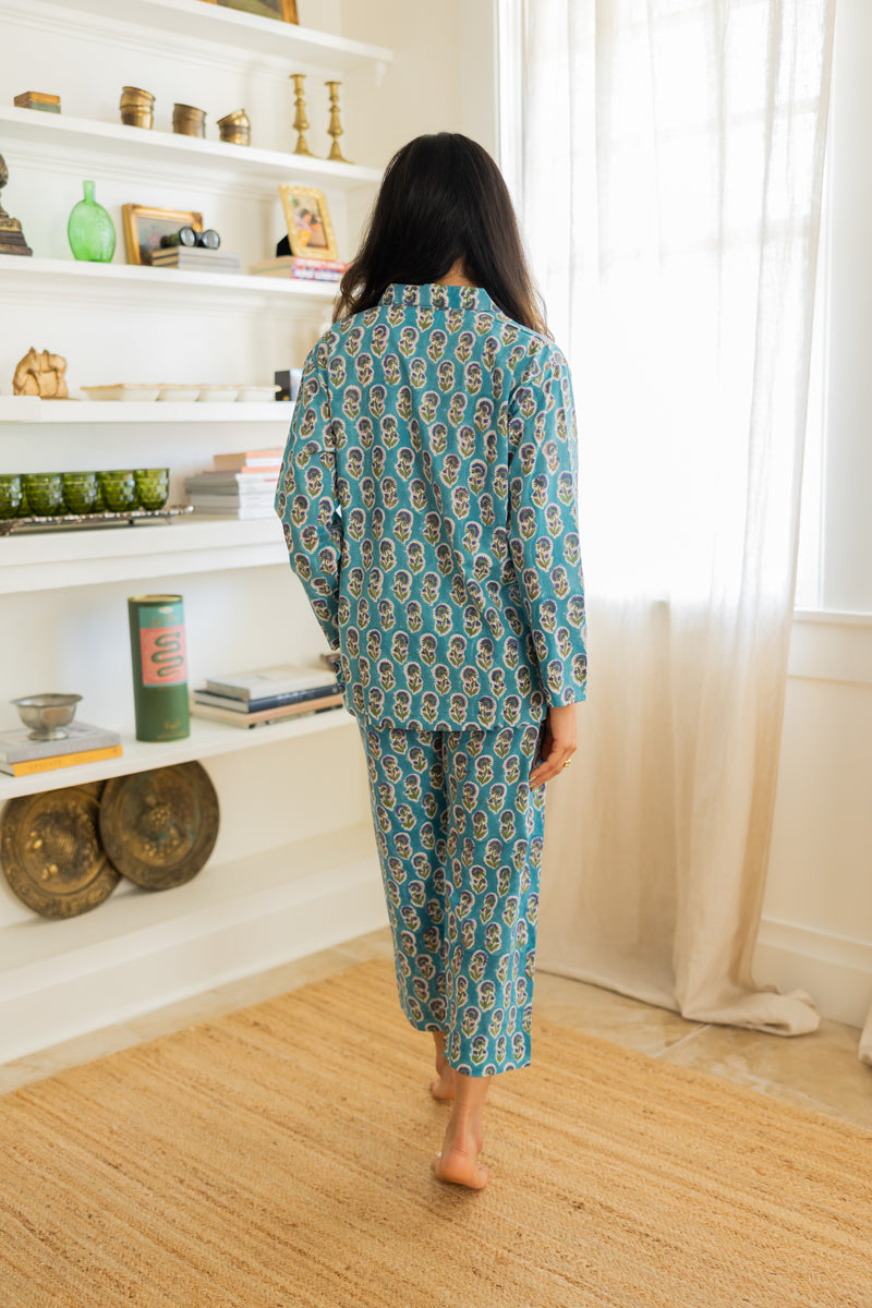 Muslin cotton Oversized Pajama Set block printed and handmade in India. | Blue Lotus