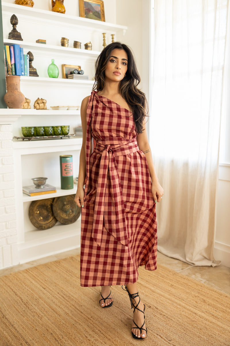 Cotton gingham one-shoulder Anju dress with waist tie, handmade in India. 