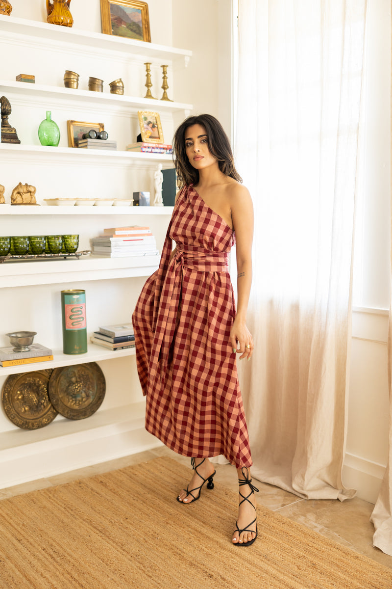 Cotton gingham one-shoulder Anju dress with waist tie, handmade in India. 