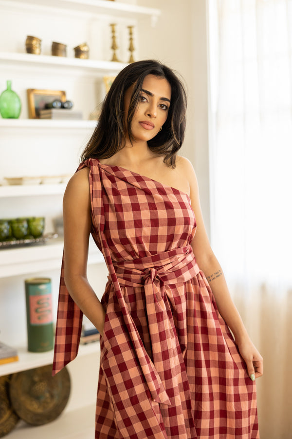 Cotton gingham one-shoulder Anju dress with waist tie, handmade in India.  |  berry gingham