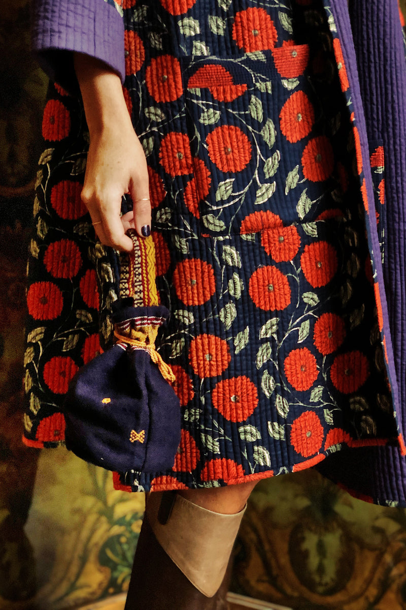 Small upcycled bhujodi wool bag made from handloomed scrap fabric in India. | navy