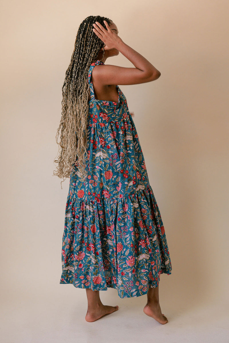 Tiered cotton Ansha dress with shoulder ties, handmade in India.