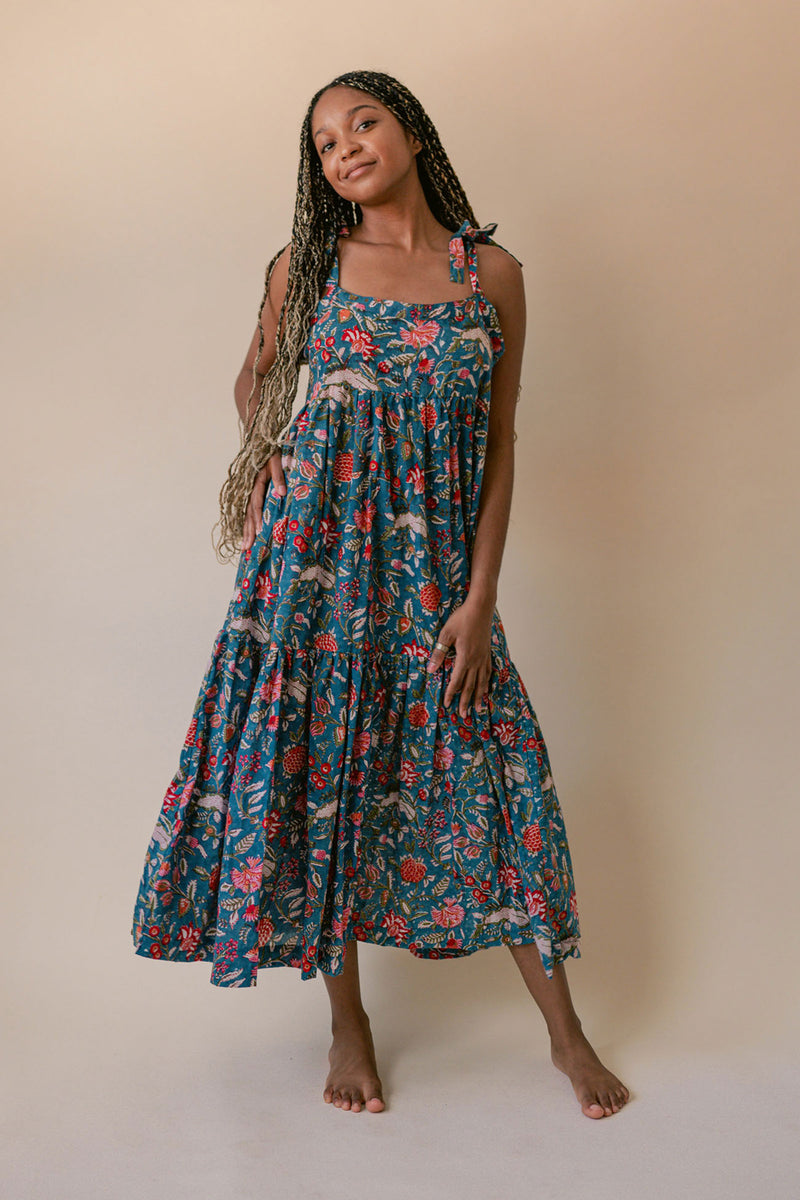 Tiered cotton Ansha dress with shoulder ties, handmade in India. | Multi Chintz