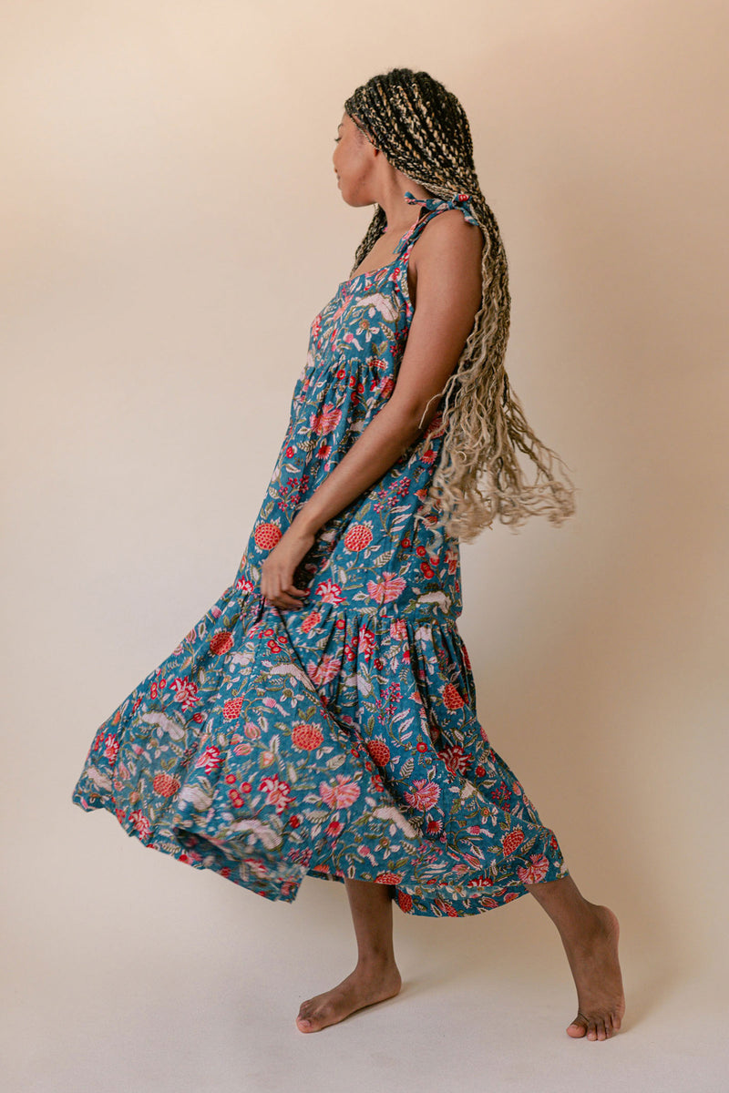 Tiered cotton Ansha dress with shoulder ties, handmade in India.