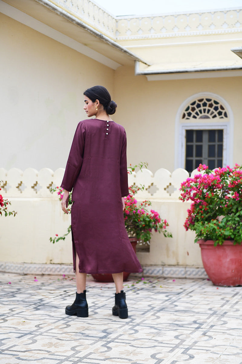 Aisha cotton satin midi dress with optional tie belt, handmade in India