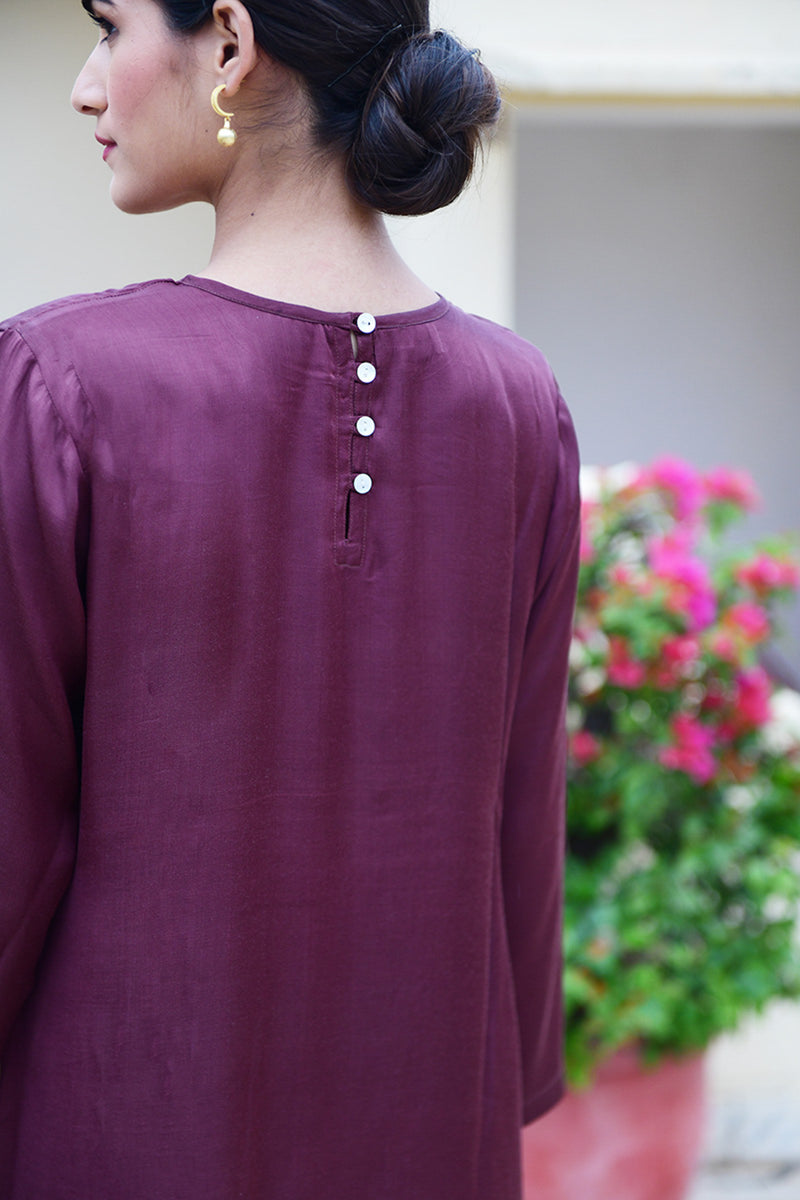 Aisha cotton satin midi dress with optional tie belt, handmade in India. | shaved chocolate