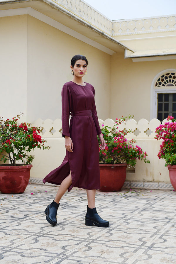 Aisha cotton sateen midi dress with optional tie belt, handmade in India. | shaved chocolate