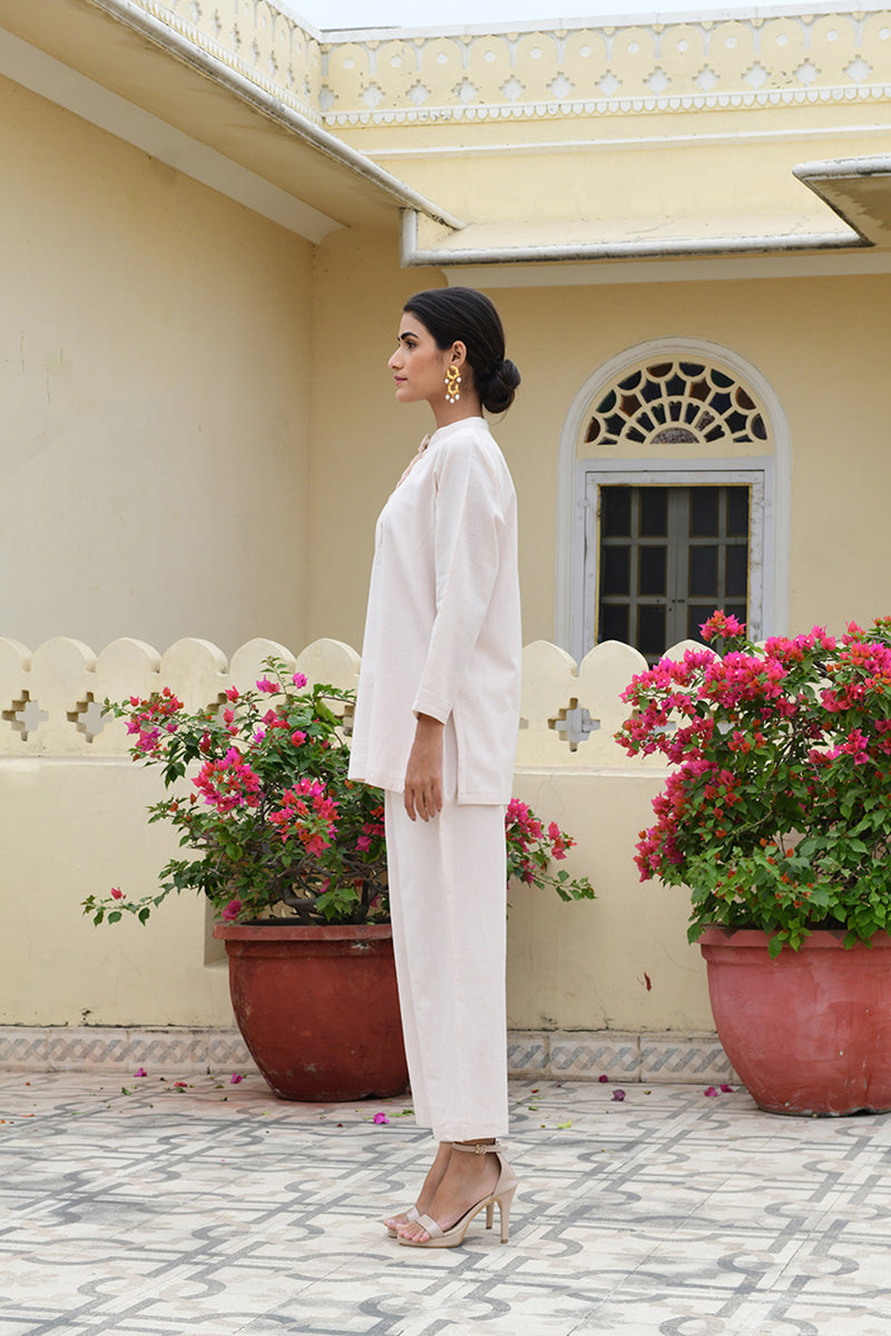 Handloomed cotton pant and tunic loungewear set made in India.