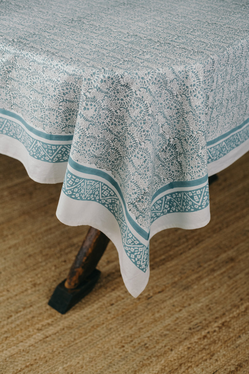 Block printed cotton tablecloth handmade in India.