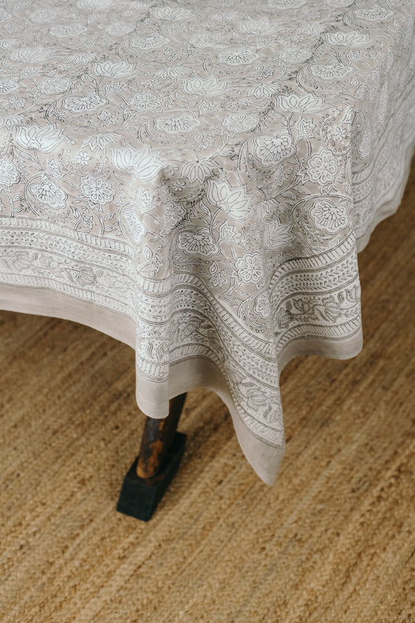 Block printed cotton tablecloth handmade in India | Grey