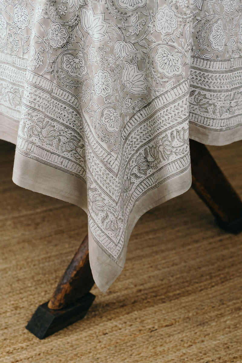 Block printed cotton tablecloth handmade in India | Grey
