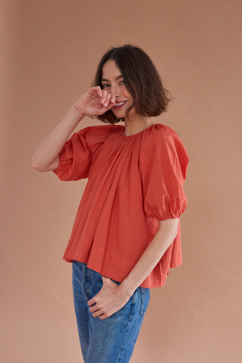 Tamboo Top with elasticized balloon sleeves, handmade in India.