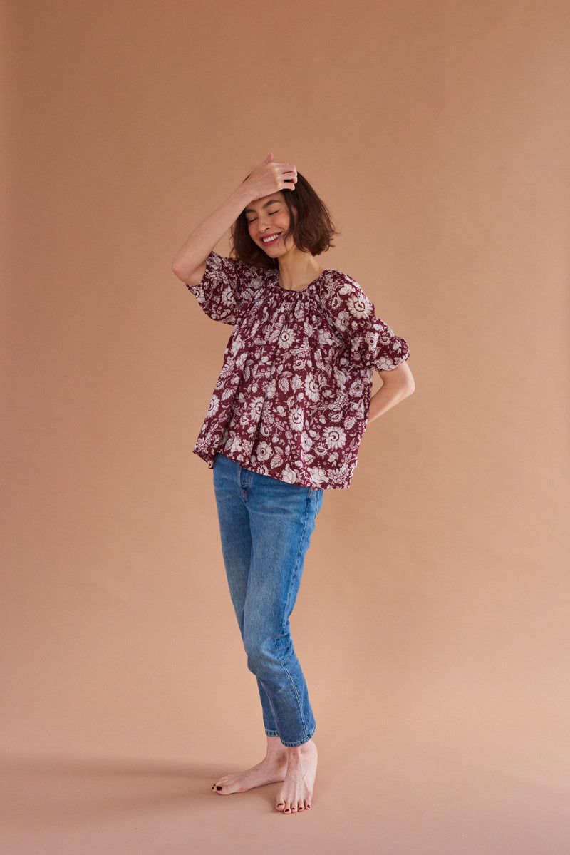 Tamboo Top with elasticized balloon sleeves, handmade in India.