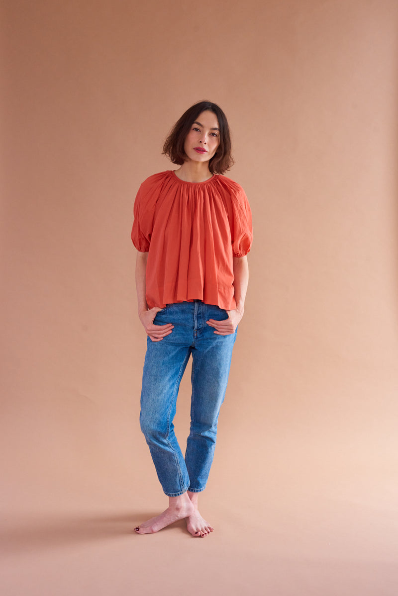 Tamboo Top with elasticized balloon sleeves, handmade in India.