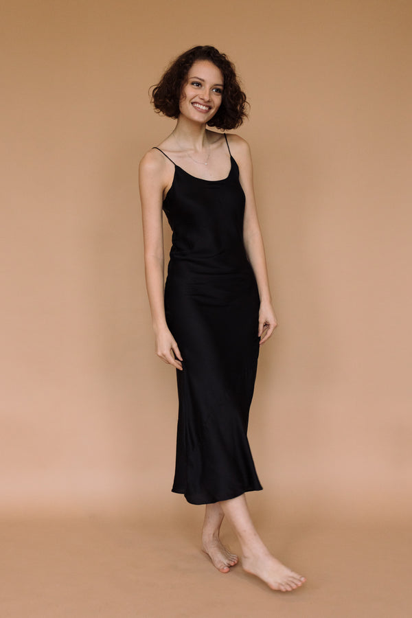 Cotton-satin Keya Slip Dress, made in India. | black