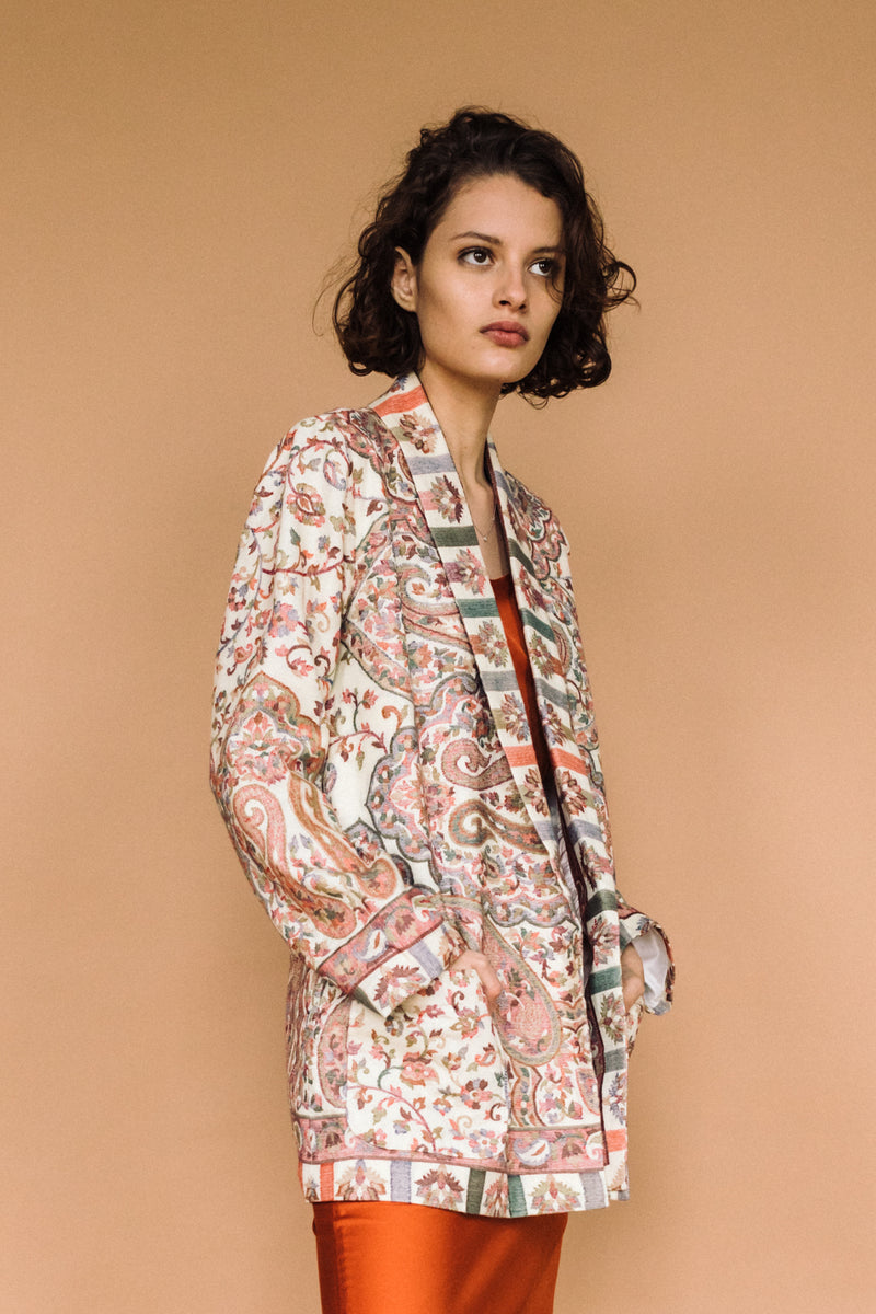 One-of-a-kind Kamla Kani Wool Wrap Coat, made in India from Kani pashmina shawls.