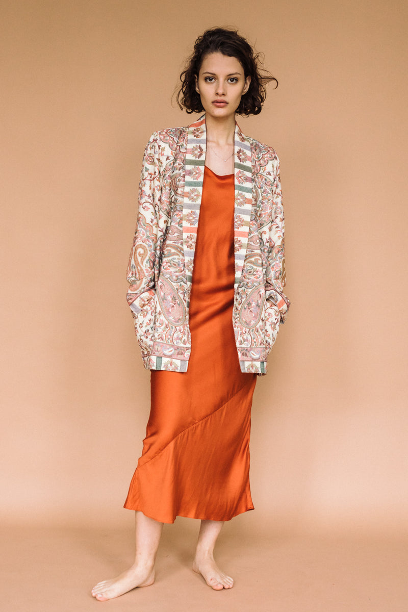 One-of-a-kind Kamla Kani Wool Wrap Coat, made in India from Kani pashmina shawls.