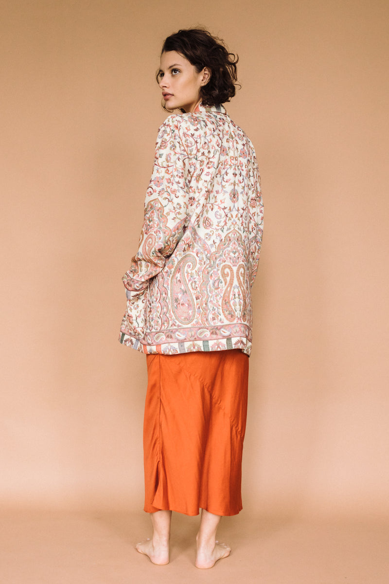 One-of-a-kind Kamla Kani Wool Wrap Coat, made in India from Kani pashmina shawls.