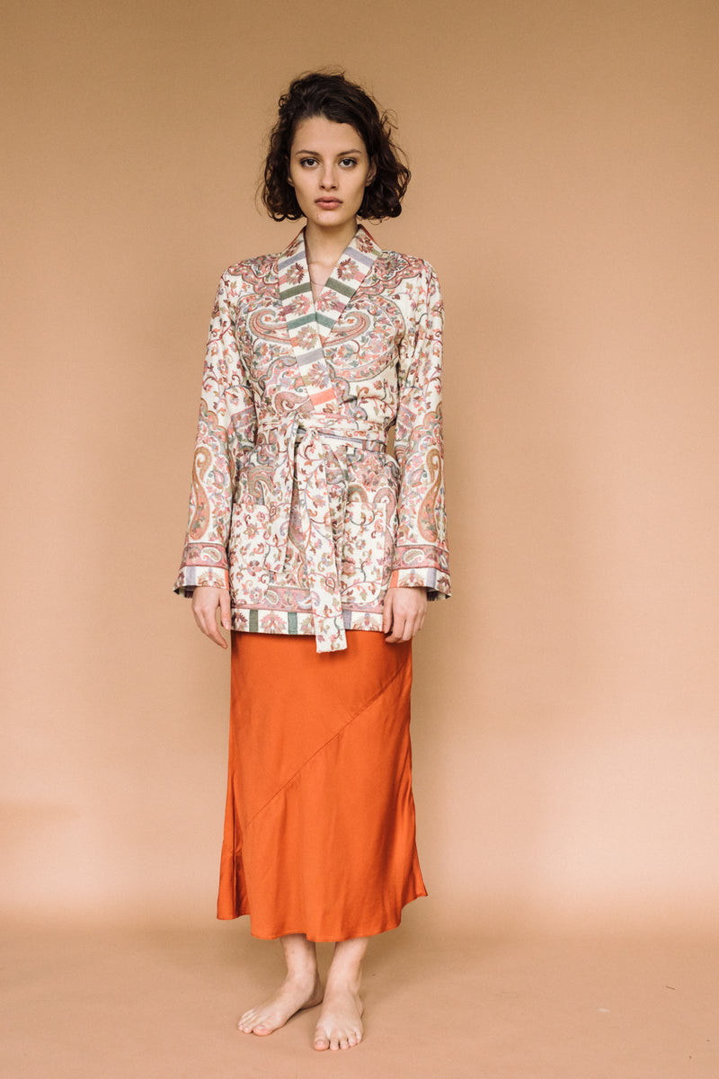 One-of-a-kind Kamla Kani Wool Wrap Coat, made in India from Kani pashmina shawls.
