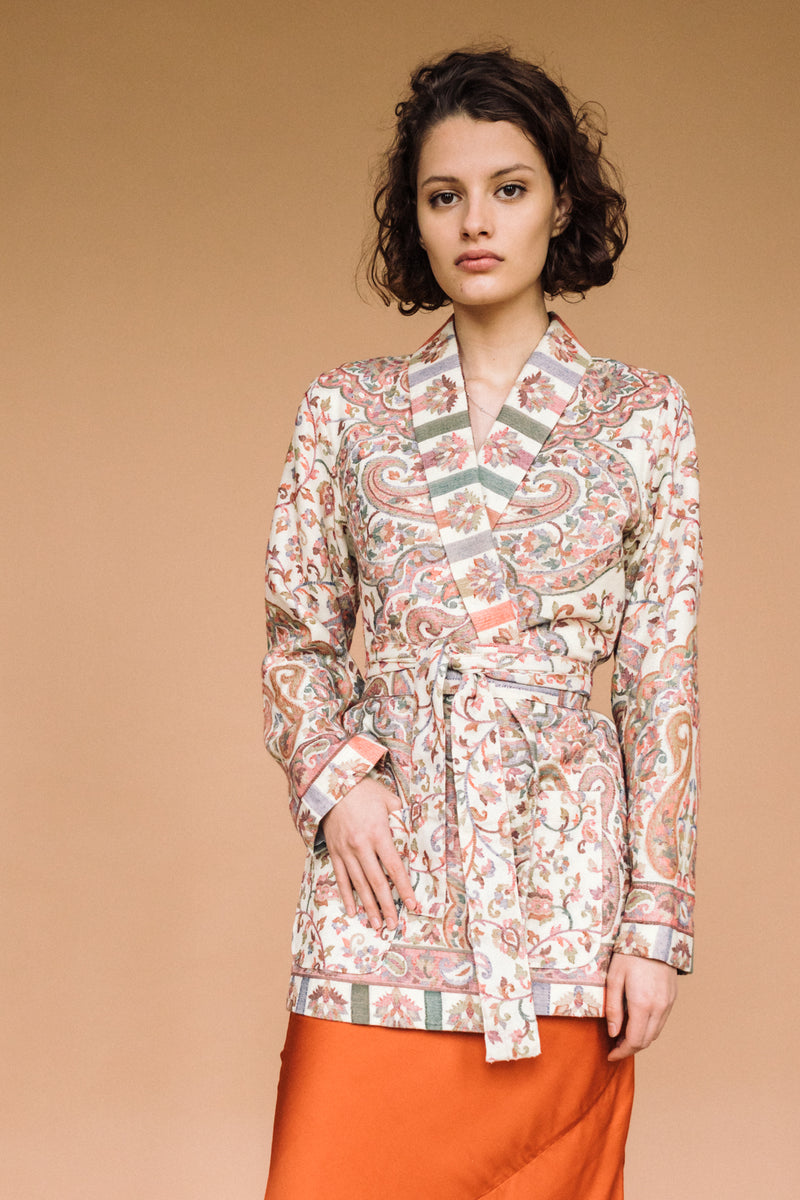 One-of-a-kind Kamla Kani Wool Wrap Coat, made in India from Kani pashmina shawls.