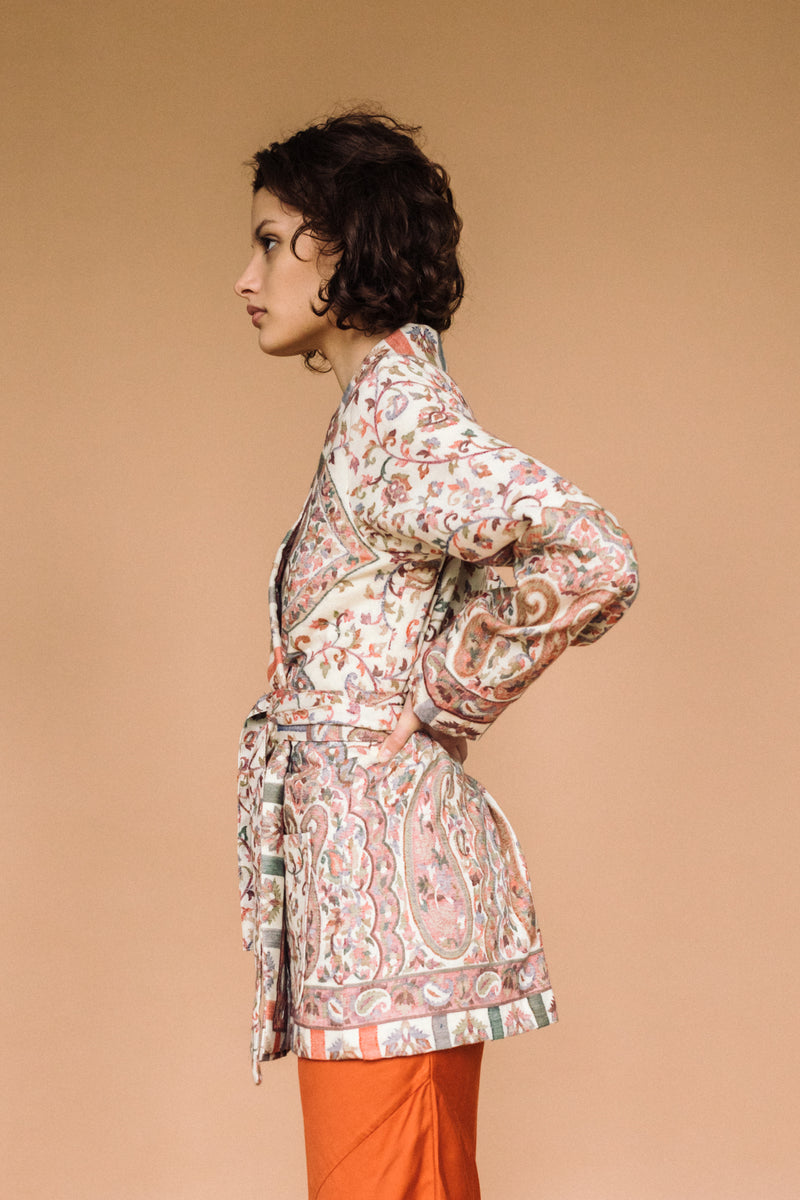 One-of-a-kind Kamla Kani Wool Wrap Coat, made in India from Kani pashmina shawls.