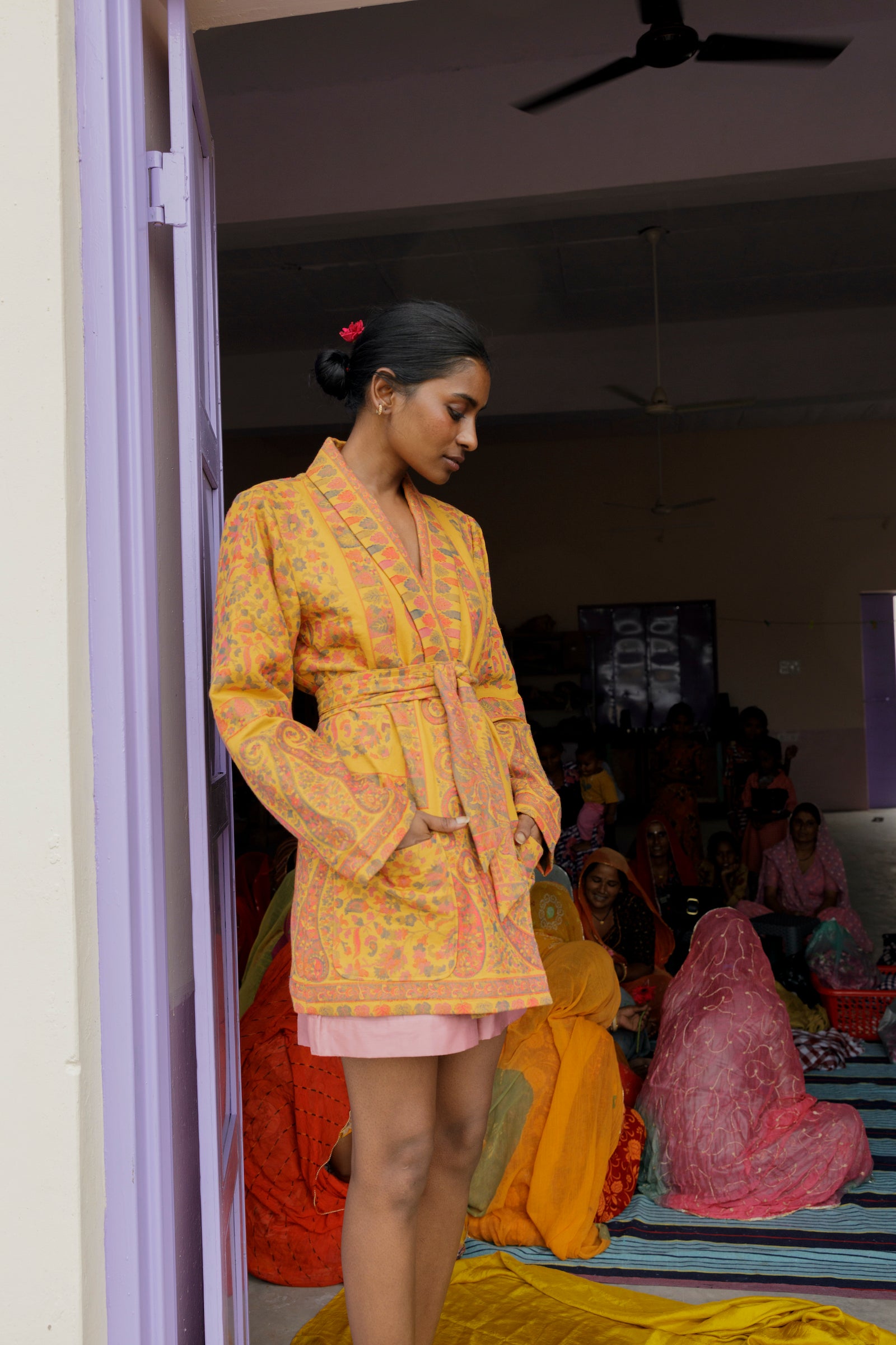 One-of-a-kind Kamla Kani Wool Wrap Coat, handmade in India from Kani pashmina shawls.