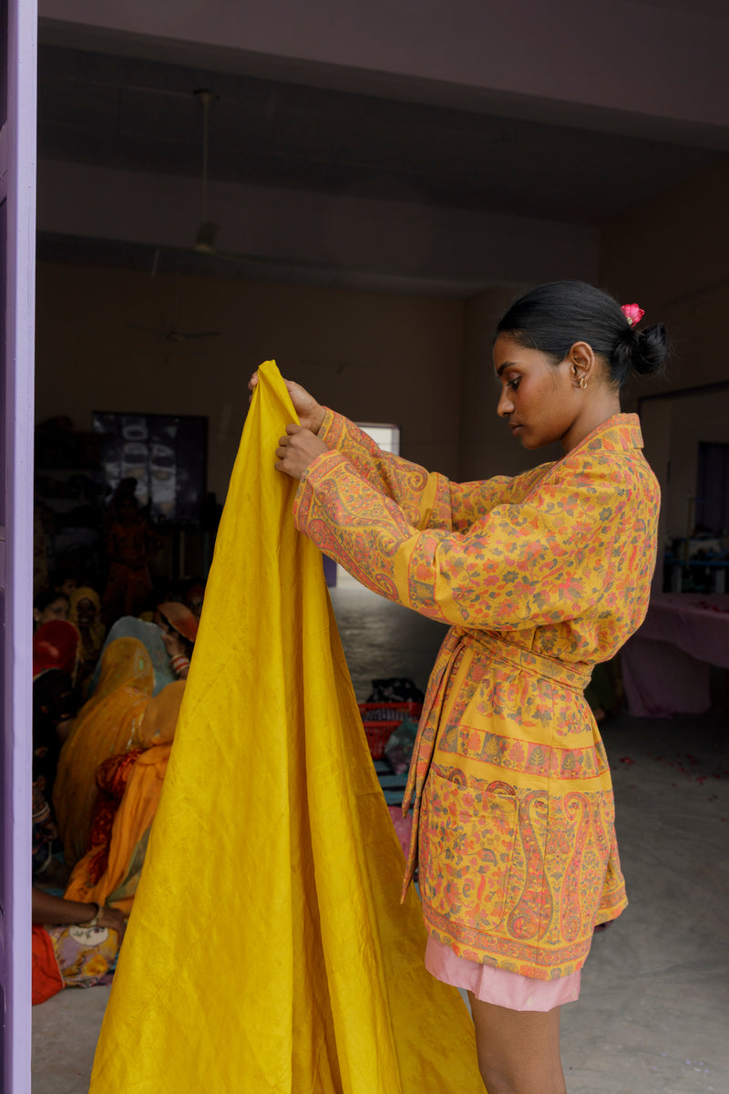 One-of-a-kind Kamla Kani Wool Wrap Coat, handmade in India from Kani pashmina shawls.