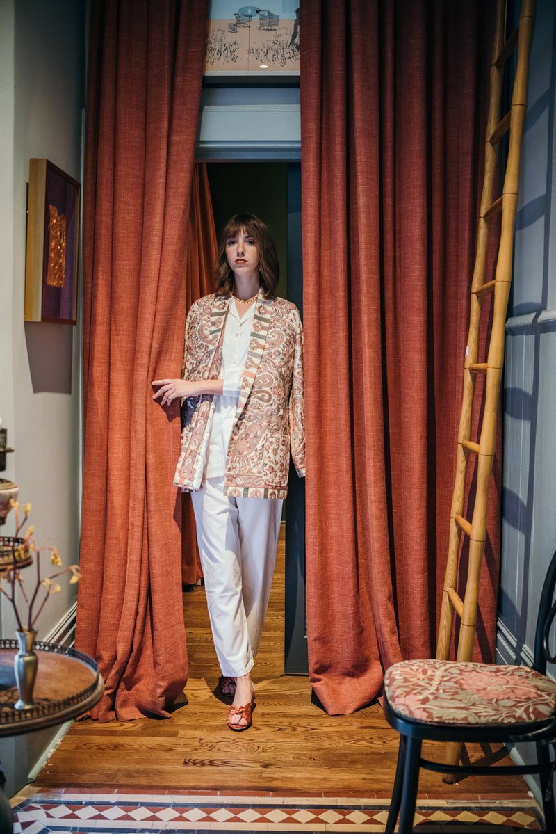 One-of-a-kind Kamla Kani Wool Wrap Coat, made in India from Kani pashmina shawls.